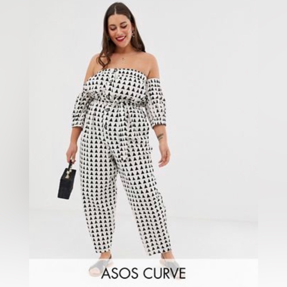 Off shoulder button front jumpsuit triangle pattern
